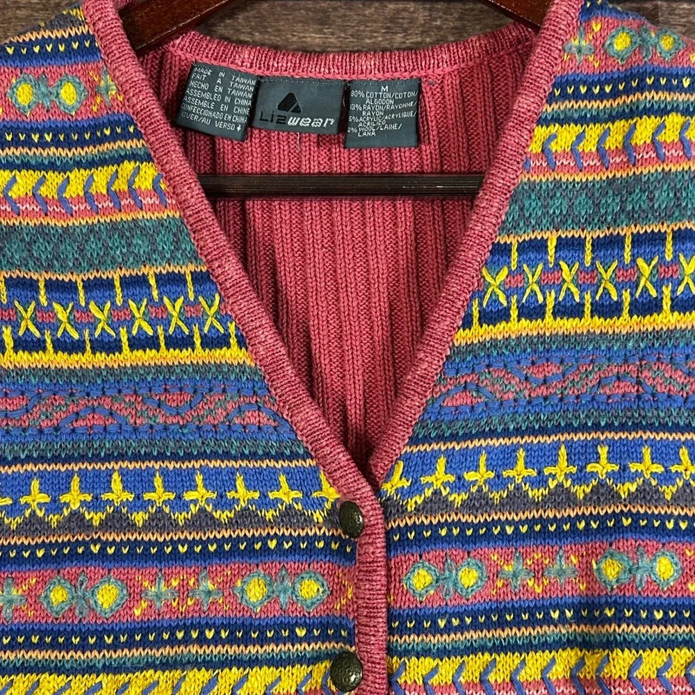 Vtg Lizwear Liz Claireborn Fair Isle Sweater Vest Pink Button Cottage Granny M - Picture 2 of 7